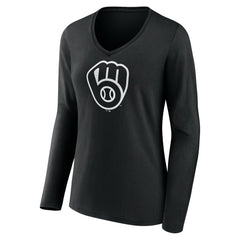 Milwaukee Brewers Women's Monochrome Personalized Name & Number Long Sleeve V-Neck T-Shirt - Black T-shirts