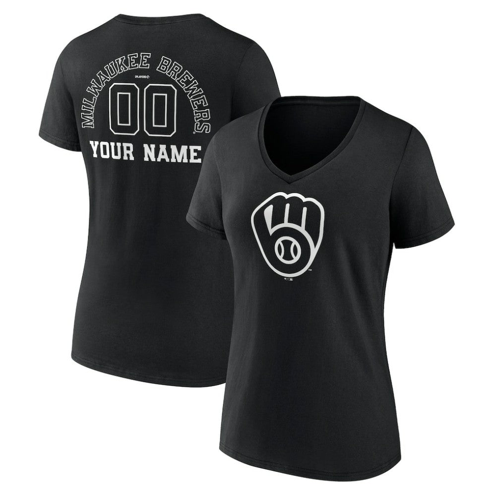 Milwaukee Brewers Women's Monochrome Personalized Name & Number V-Neck T-Shirt - Black T-shirts