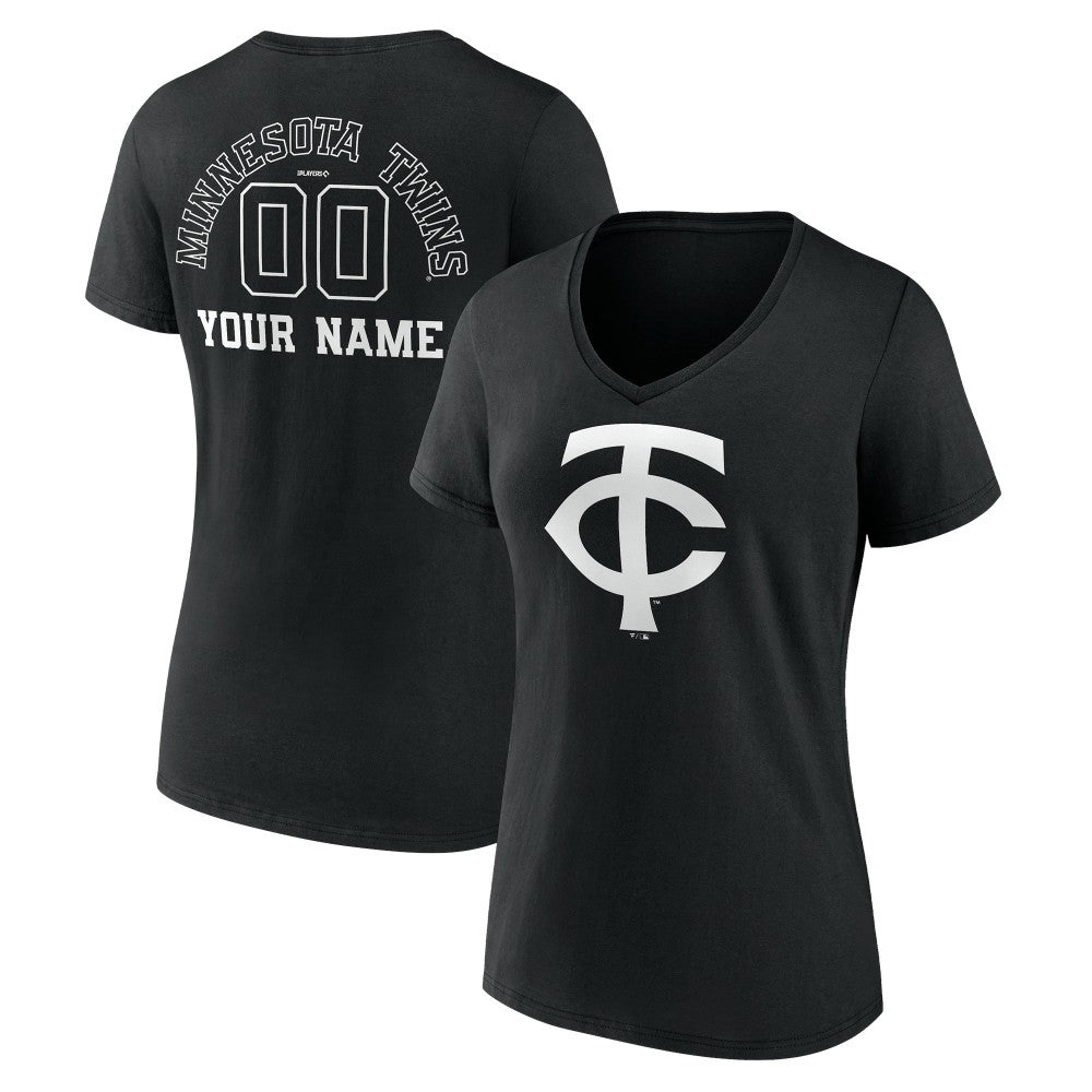 Minnesota Twins Women's Monochrome Personalized Name & Number V-Neck T-Shirt - Black T-shirts