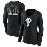 Philadelphia Phillies Women's Monochrome Personalized Name & Number Long Sleeve V-Neck T-Shirt - Black T-shirts
