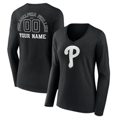 Philadelphia Phillies Women's Monochrome Personalized Name & Number Long Sleeve V-Neck T-Shirt - Black T-shirts