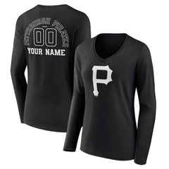 Pittsburgh Pirates Women's Monochrome Personalized Name & Number Long Sleeve V-Neck T-Shirt - Black T-shirts