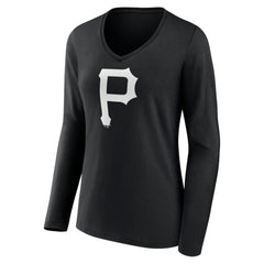 Pittsburgh Pirates Women's Monochrome Personalized Name & Number Long Sleeve V-Neck T-Shirt - Black T-shirts