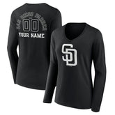 San Diego Padres Women's Monochrome Personalized Name & Number Long Sleeve V-Neck T-Shirt - Black T-shirts