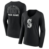 Seattle Mariners Women's Monochrome Personalized Name & Number Long Sleeve V-Neck T-Shirt - Black T-shirts