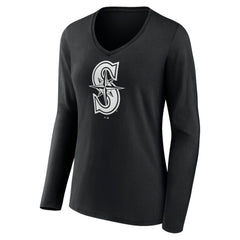 Seattle Mariners Women's Monochrome Personalized Name & Number Long Sleeve V-Neck T-Shirt - Black T-shirts