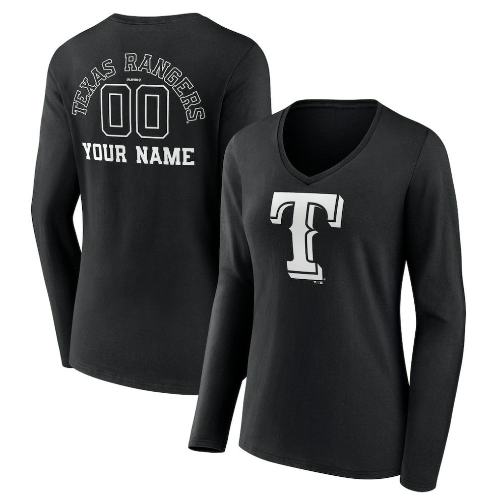 Texas Rangers Women's Monochrome Personalized Name & Number Long Sleeve V-Neck T-Shirt - Black T-shirts