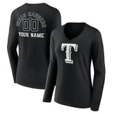 Texas Rangers Women's Monochrome Personalized Name & Number Long Sleeve V-Neck T-Shirt - Black T-shirts