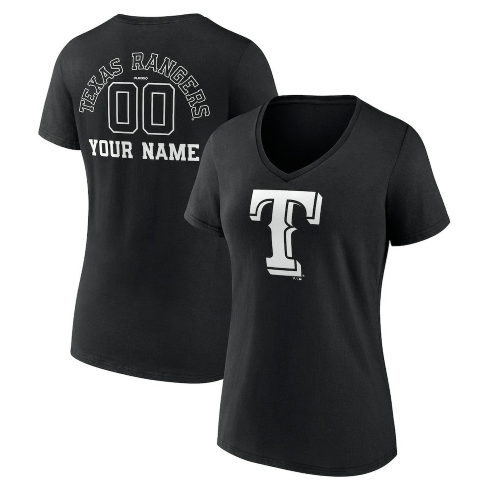 Texas Rangers Women's Monochrome Personalized Name & Number V-Neck T-Shirt - Black T-shirts