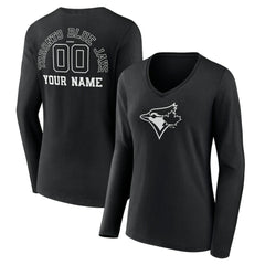 Toronto Blue Jays Women's Monochrome Personalized Name & Number Long Sleeve V-Neck T-Shirt - Black T-shirts