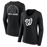 Washington Nationals Women's Monochrome Personalized Name & Number Long Sleeve V-Neck T-Shirt - Black T-shirts