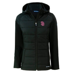 San Diego Padres Cutter & Buck Women's City Connect Evoke Hybrid Eco Softshell Recycled Full-Zip Hoodie Jacket - Black Jackets