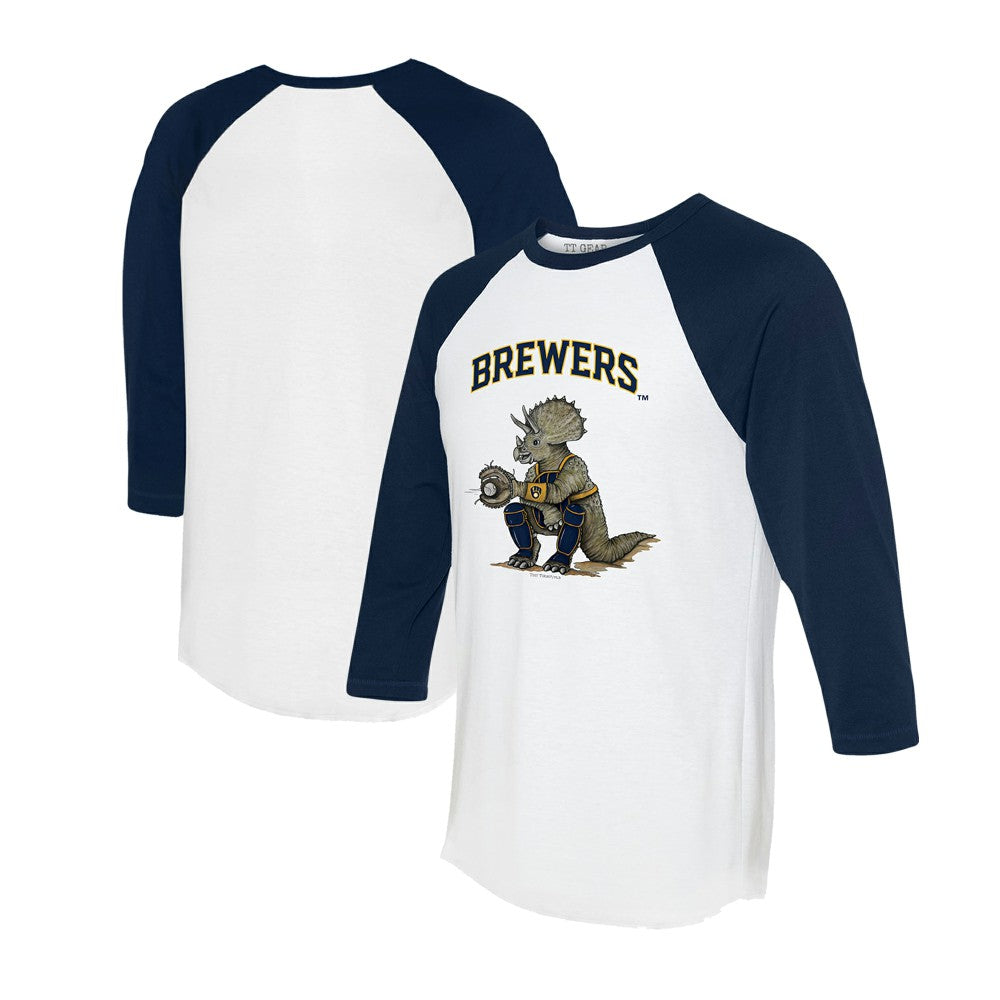 Milwaukee Brewers Tiny Turnip Unisex Triceratops 3/4-Sleeve Raglan T-Shirt - White/Navy T-shirts