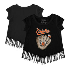 Baltimore Orioles Tiny Turnip Girls Youth Butterfly Glove Fringe T-Shirt - Black T-shirts