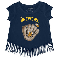 Milwaukee Brewers Tiny Turnip Girls Youth Butterfly Glove Fringe T-Shirt - Navy T-shirts