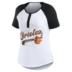 Baltimore Orioles WEAR by Erin Andrews Women's Fitted Henley Raglan T-Shirt - White/Black T-shirts