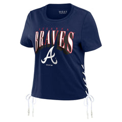 Atlanta Braves WEAR by Erin Andrews Women's Side Lace-Up Cropped T-Shirt - Navy T-shirts