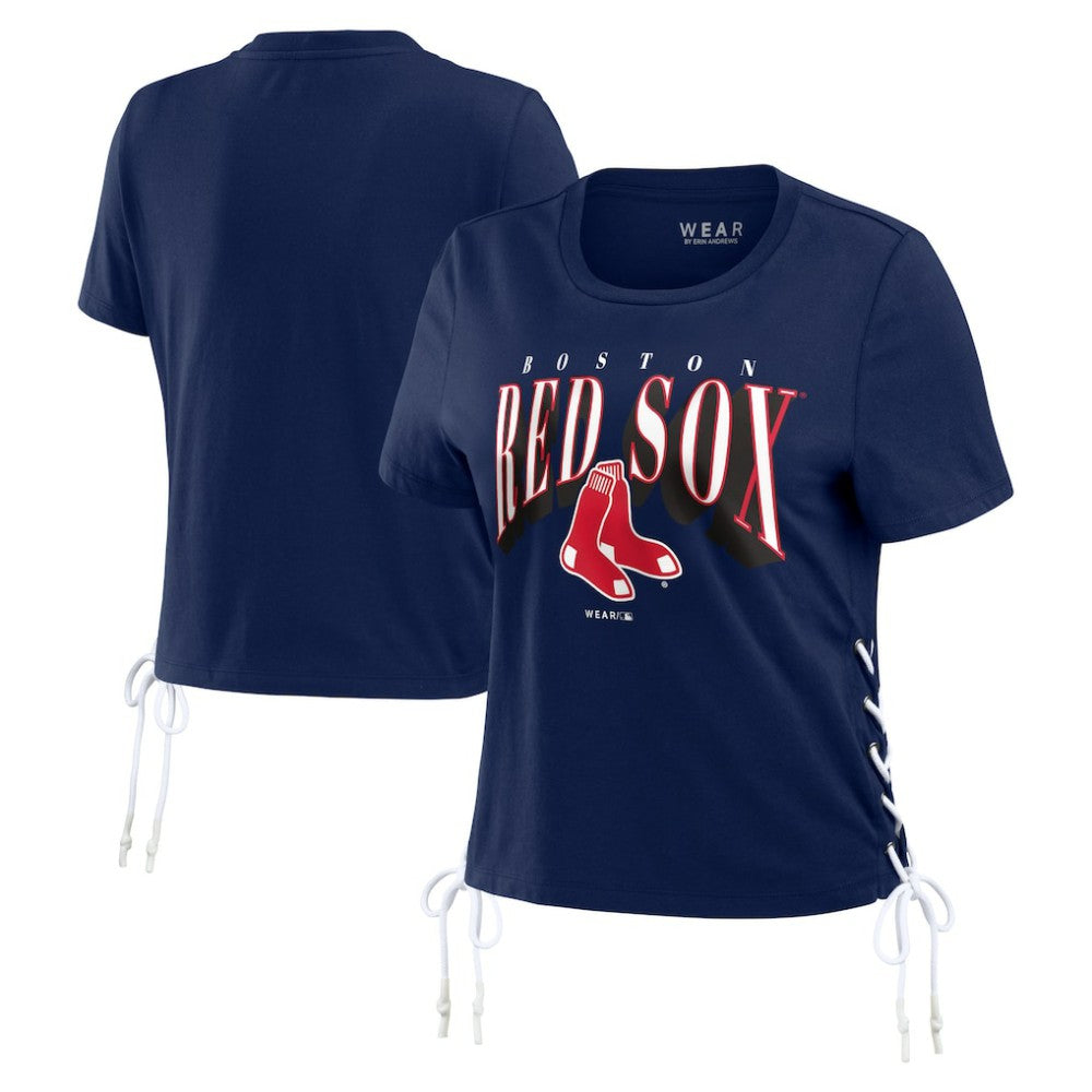 Boston Red Sox WEAR by Erin Andrews Women's Side Lace-Up Cropped T-Shirt - Navy T-shirts