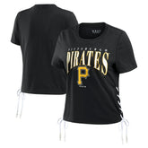 Pittsburgh Pirates WEAR by Erin Andrews Women's Side Lace-Up Cropped T-Shirt - Black T-shirts