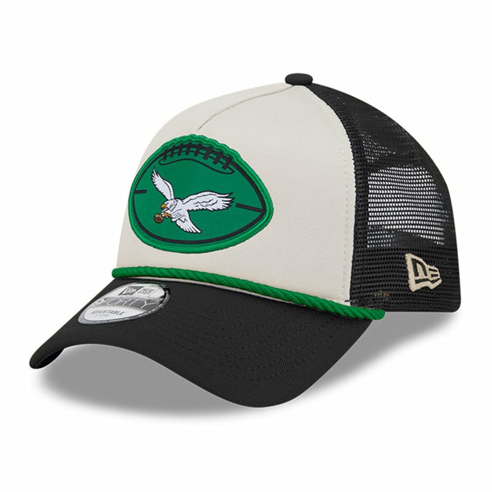 Philadelphia Eagles New Era 2024 Sideline Historic 9FORTY A-Frame Trucker Adjustable Hat - Stone/Black Hats