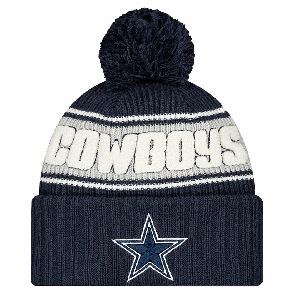 Dallas Cowboys New Era Youth 2024/25 Sideline Cuffed Knit Hat with Pom - Navy Hats