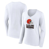Cleveland Browns Women's Team Lockup Long Sleeve V-Neck T-Shirt - White T-shirts