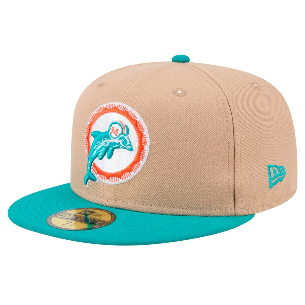 Miami Dolphins New Era Throwback Logo Main 59FIFTY Fitted Hat - Tan Hats