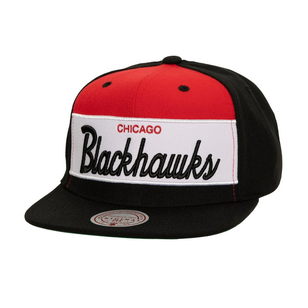 Chicago Blackhawks Mitchell & Ness Retro Script Colorblock Snapback Hat - Black | US 201141486