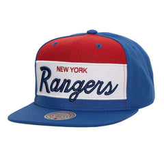 New York Rangers Mitchell & Ness Retro Script Colorblock Snapback Hat - Blue | US 201141497