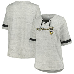 Pittsburgh Penguins Fanatics Women's Plus Size Lace-Up T-Shirt - Heather Gray | US 201173348
