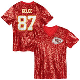 Travis Kelce Kansas City Chiefs Girls Youth Sequin V-Neck Fashion Jersey - Red Jerseys