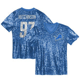 Aidan Hutchinson Detroit Lions Girls Youth Sequin V-Neck Fashion Jersey - Blue Jerseys