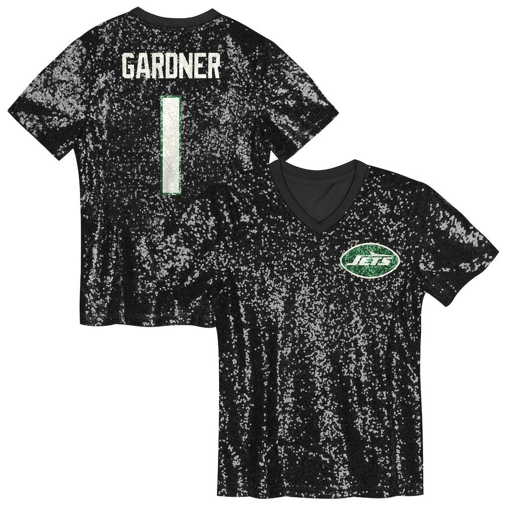 Sauce Gardner New York Jets Girls Youth Sequin V-Neck Fashion Jersey - Black Jerseys
