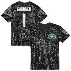 Sauce Gardner New York Jets Girls Youth Sequin V-Neck Fashion Jersey - Black Jerseys