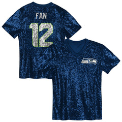 12 Fan Seattle Seahawks Girls Youth Sequin V-Neck Fashion Jersey - College Navy Jerseys