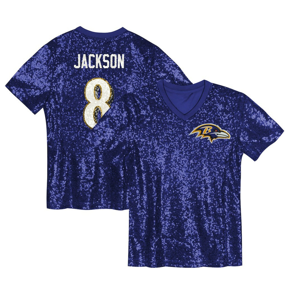 Lamar Jackson Baltimore Ravens Girls Youth Sequin V-Neck Fashion Jersey - Purple Jerseys