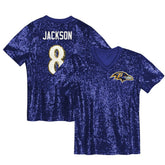 Lamar Jackson Baltimore Ravens Girls Youth Sequin V-Neck Fashion Jersey - Purple Jerseys
