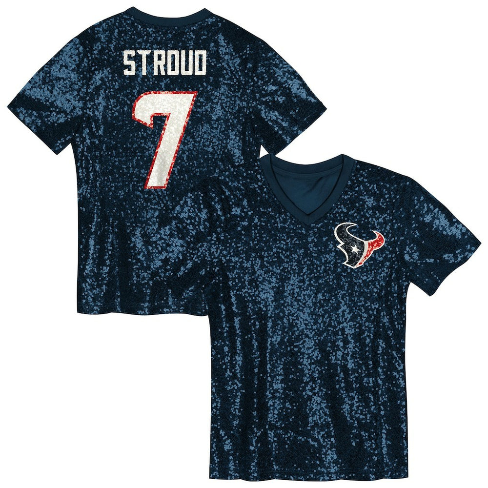 C.J. Stroud Houston Texans Girls Youth Sequin V-Neck Fashion Jersey - Navy Jerseys