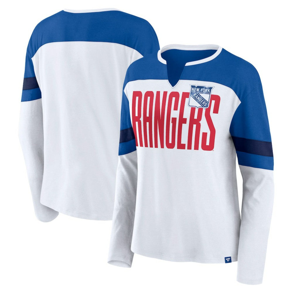 New York Rangers Fanatics Women's Frozen Long Sleeve Notch Neck T-Shirt - White/Blue | US 201190140