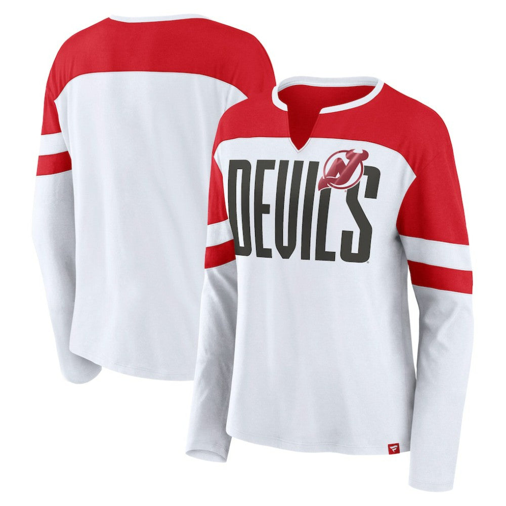 New Jersey Devils Fanatics Women's Frozen Long Sleeve Notch Neck T-Shirt - White/Red | US 201190142