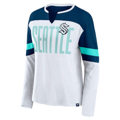 Seattle Kraken Fanatics Women's Frozen Long Sleeve Notch Neck T-Shirt - White/Deep Sea Blue | US 201190159