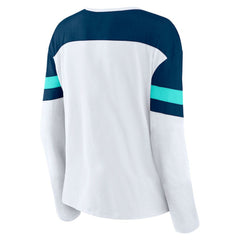 Seattle Kraken Fanatics Women's Frozen Long Sleeve Notch Neck T-Shirt - White/Deep Sea Blue | US 201190159