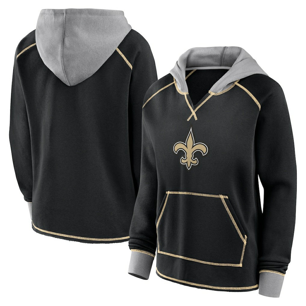 New Orleans Saints Logo Athletic Women's Boom Fleece Pullover V-Neck Hoodie - Black Hoodies
