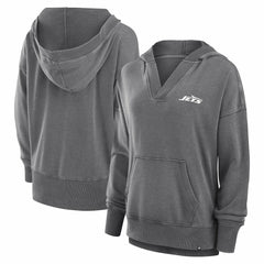 New York Jets Women's Initiative Snow Wash French Terry V-Neck Pullover Hoodie - Heather Charcoal Hoodies