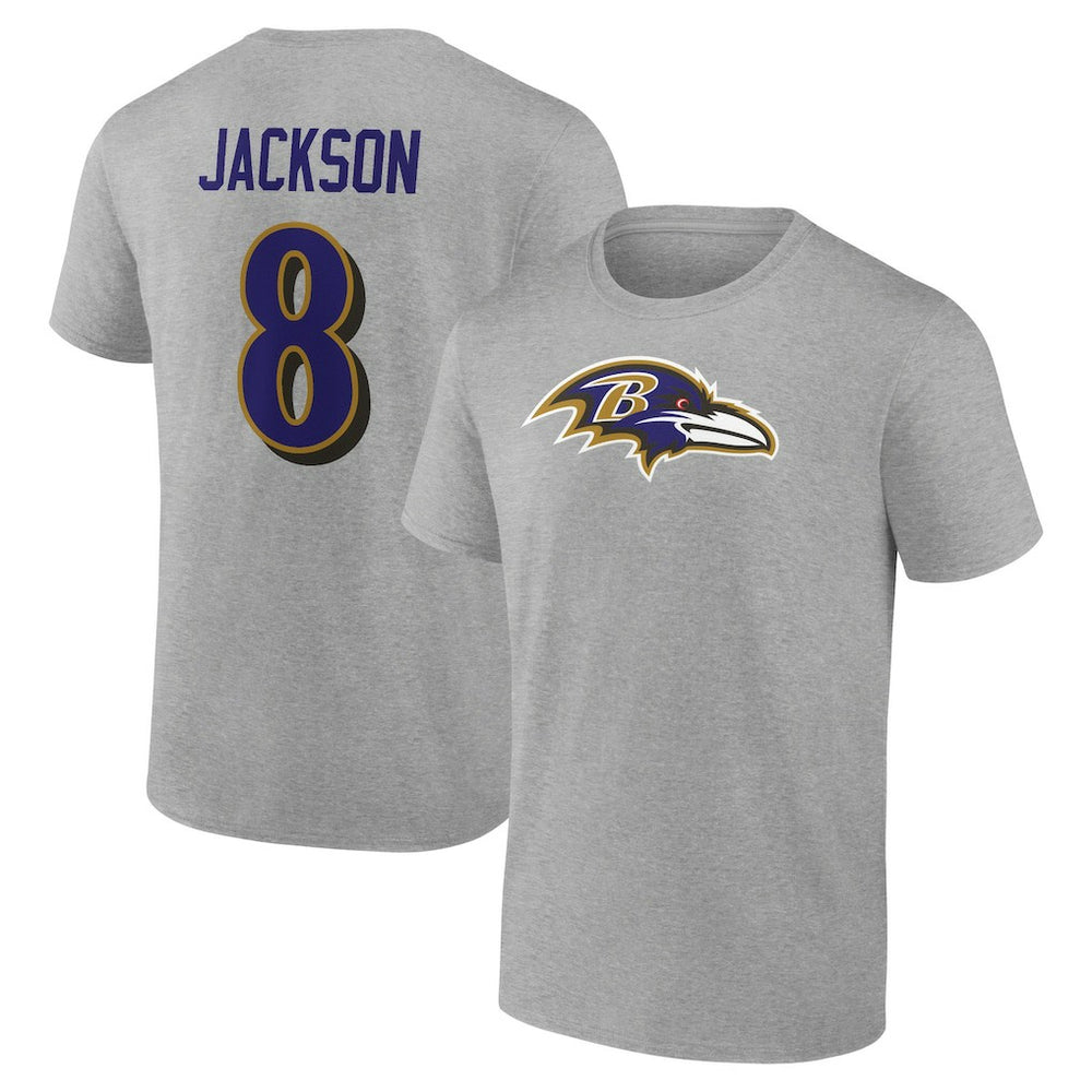 Lamar Jackson Baltimore Ravens Icon Player Name & Number T-Shirt - Gray T-shirts