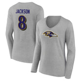 Lamar Jackson Baltimore Ravens Women's Icon Player Name & Number Long Sleeve V-Neck T-Shirt - Gray T-shirts