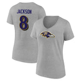 Lamar Jackson Baltimore Ravens Women's Icon Player Name & Number V-Neck T-Shirt - Gray T-shirts