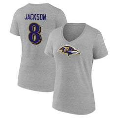Lamar Jackson Baltimore Ravens Women's Icon Player Name & Number V-Neck T-Shirt - Gray T-shirts