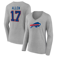 Josh Allen Buffalo Bills Women's Icon Player Name & Number Long Sleeve V-Neck T-Shirt - Gray T-shirts