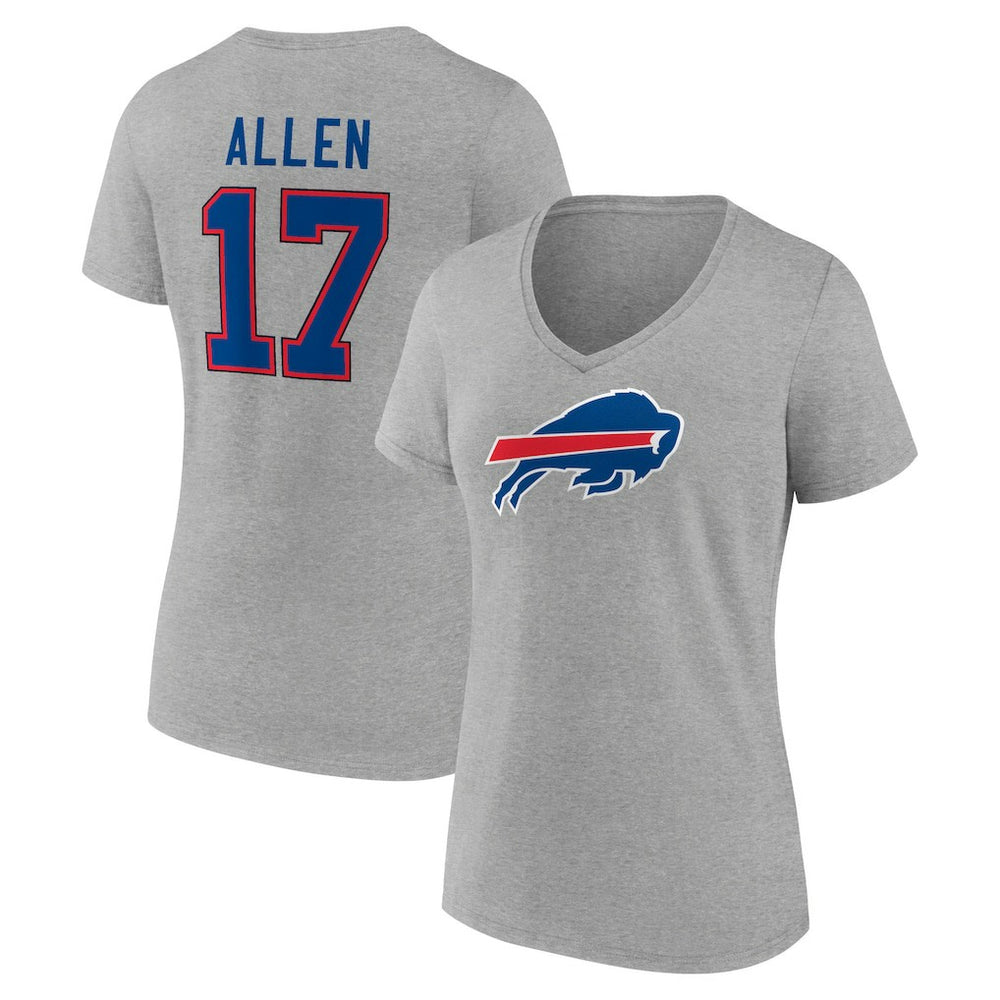 Josh Allen Buffalo Bills Women's Icon Player Name & Number V-Neck T-Shirt - Gray T-shirts